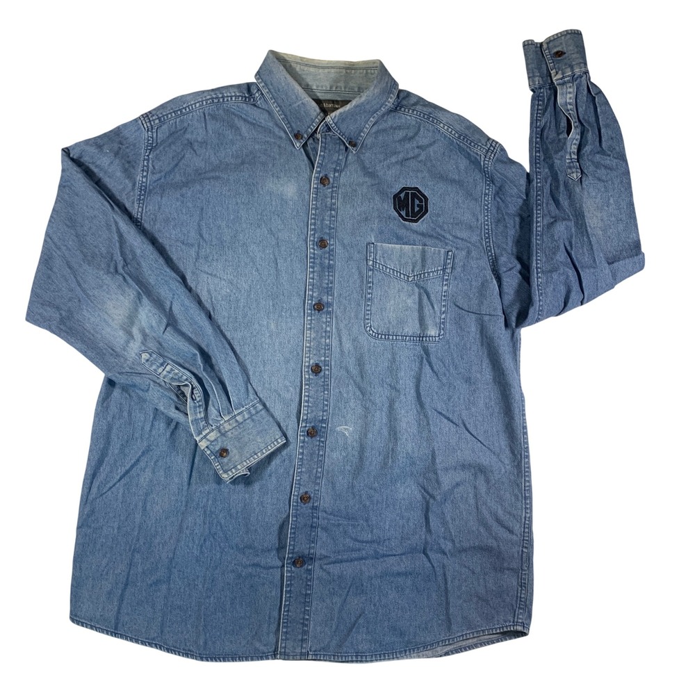 VTG 90s Faded Denim Shirt Long Sleeve Button Up Motor Car Co MG Logo Mens LT